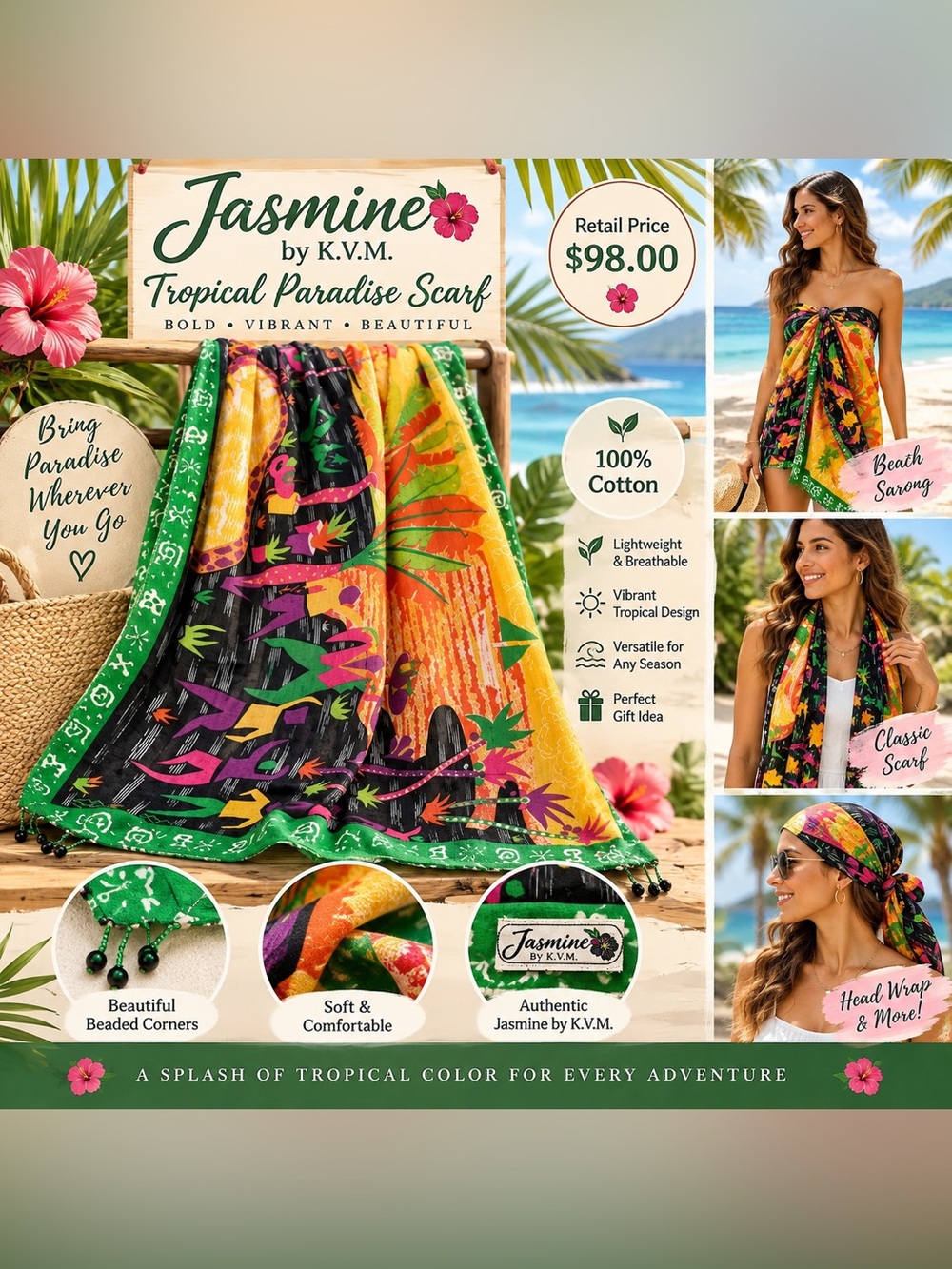 Jasmine by K.V.M. Tropical Paradise Scarf 100% Cotton 70x40 Beaded NWT